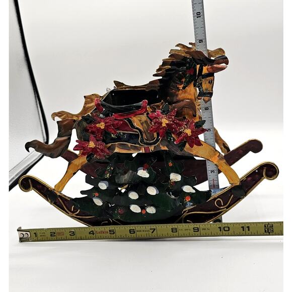 Vintage Metal Rocking Horse Carriage Planter w Poinsettia Accents Holiday Decor - Picture 7 of 10